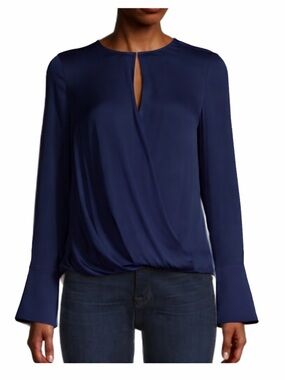 NWT Milly Elysa Silk Blend Wrap Blouse, Long Sleeve, Cuffed, Navy Blue, Size S